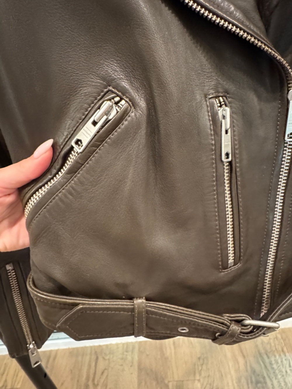 ALLSAINTS Balfern Leather Biker Jacket Dark Olive-Brown Moto Jacket - RARE COLOR - Picture 7 of 13